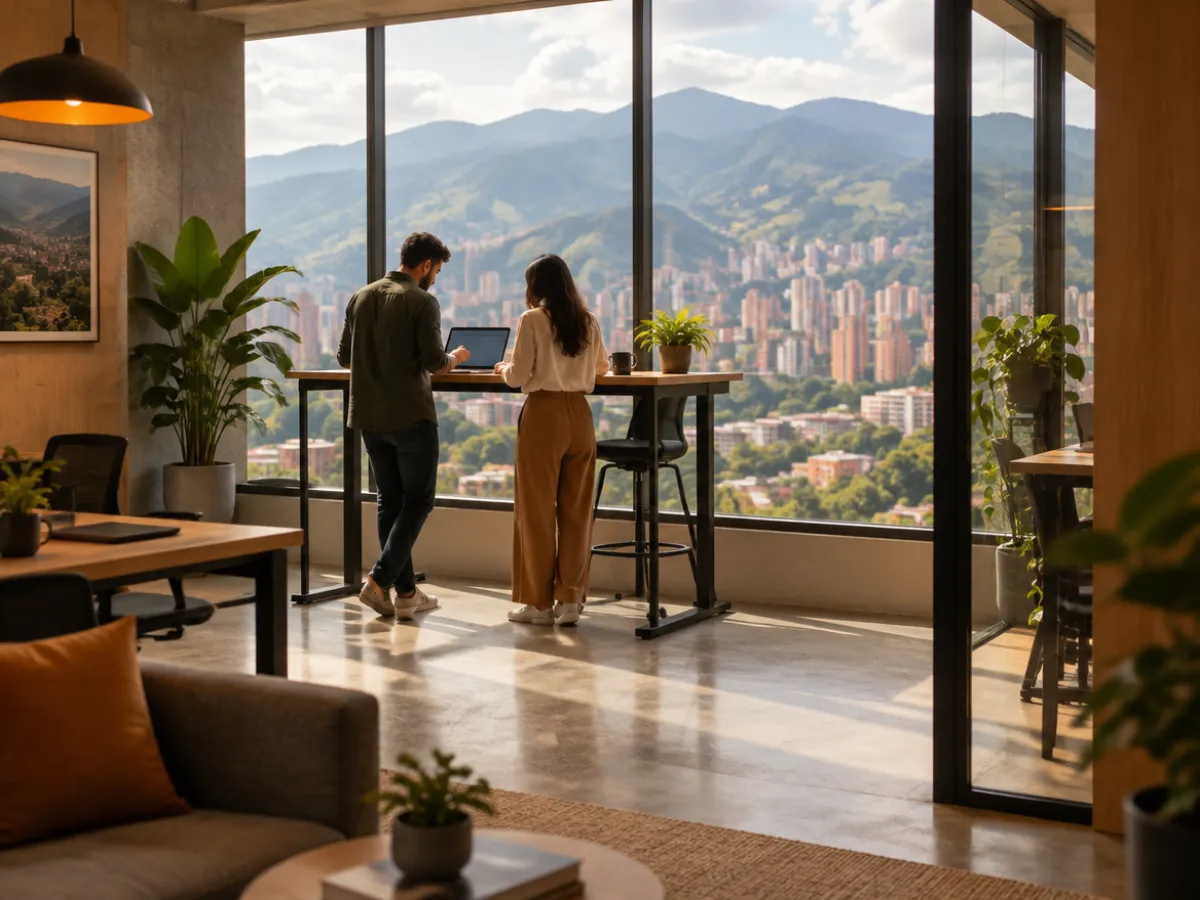 Dos colegas trabajando de pie frente a un ventanal con vista a las montañas