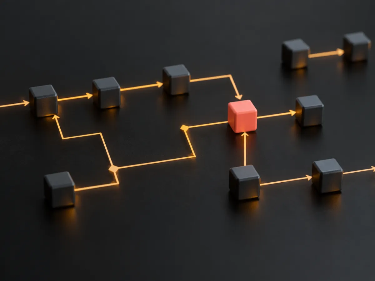 Cubos conectados por líneas de luz como un diagrama de flujo