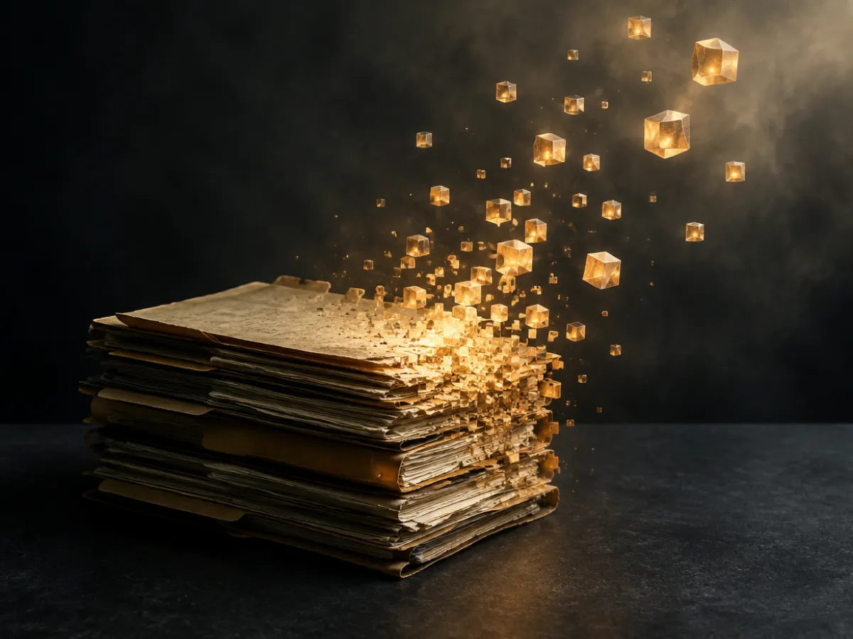 Carpetas de papel que se transforman en cubos de luz que suben