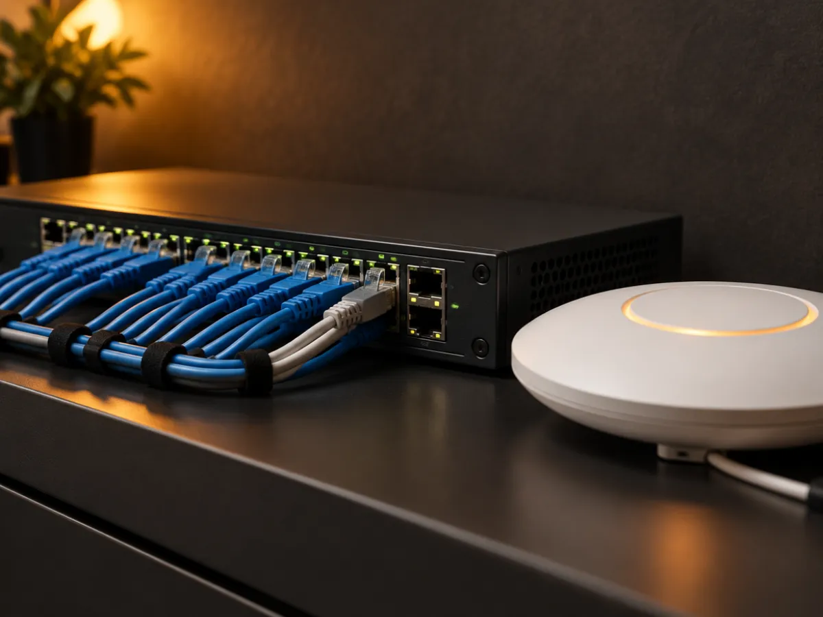 Switch de red con cables organizados y un punto de acceso Wi-Fi