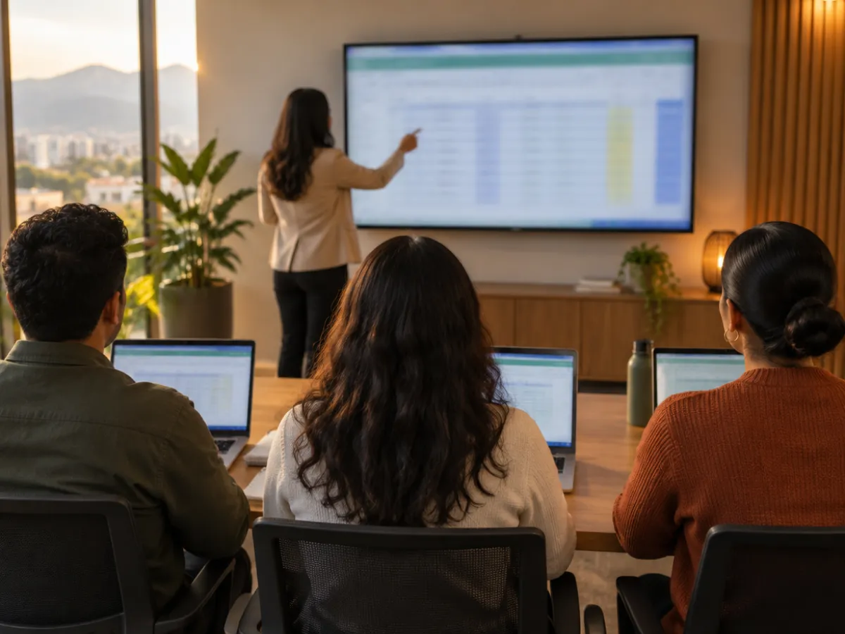 Sesión de formación con tres personas y una facilitadora frente a una pantalla